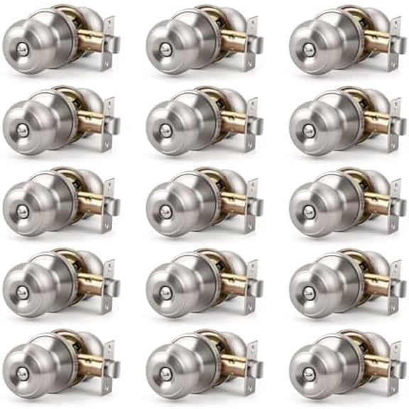 Brushed Nickel Door Knobs for Bedroom or Bathroom, Interior With Round Knob, Satin Nickel Privacy With Lock, Keyless Turn Lock, 15 Pack