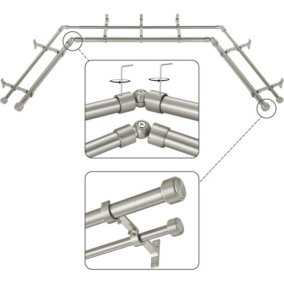 Brushed Nickel Double Corner Window Curtain Rods with Aluminum End Cap Finials and Brackets,1 Inch Diameter Dual Bay Window Curtain Rods, Adjustable 2 Sided 20-36" and 36-72" Center Rod