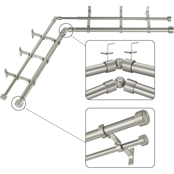 Brushed Nickel Double Corner Window Curtain Rods with Aluminum End Cap Finials and Brackets,1 Inch Diameter Dual Bay Window Curtain Rods, Adjustable 2 Sided 36-72 Inch Double Drapery Rod
