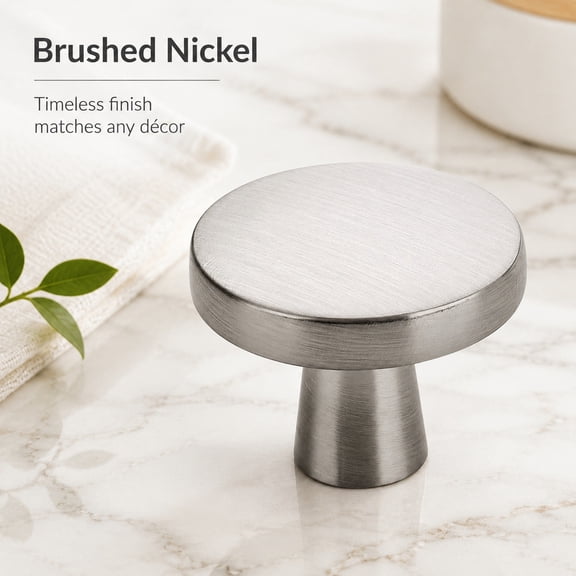 Brushed Nickel Drawer Pulls, 1-1/4 Inch Cabinet Knobs, 10 Pack | Solid Zinc Alloy, Single Hole, Round Smooth Shape, Simple Cabinet Hardware for Cupboard Drawers