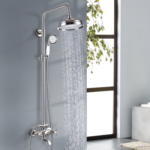 Brushed Nickel Exposed Shower Faucet Set Rain Shower System Fixture Wall Mounted