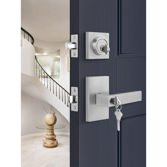 Brushed Nickel Exterior Door Lock Set, Front Door Lock Set with Deadbolt, Square Contemporary Front Door Lock Sets, Heavy Duty Zinc-alloyed Exterior Door Handle (1 Pack)
