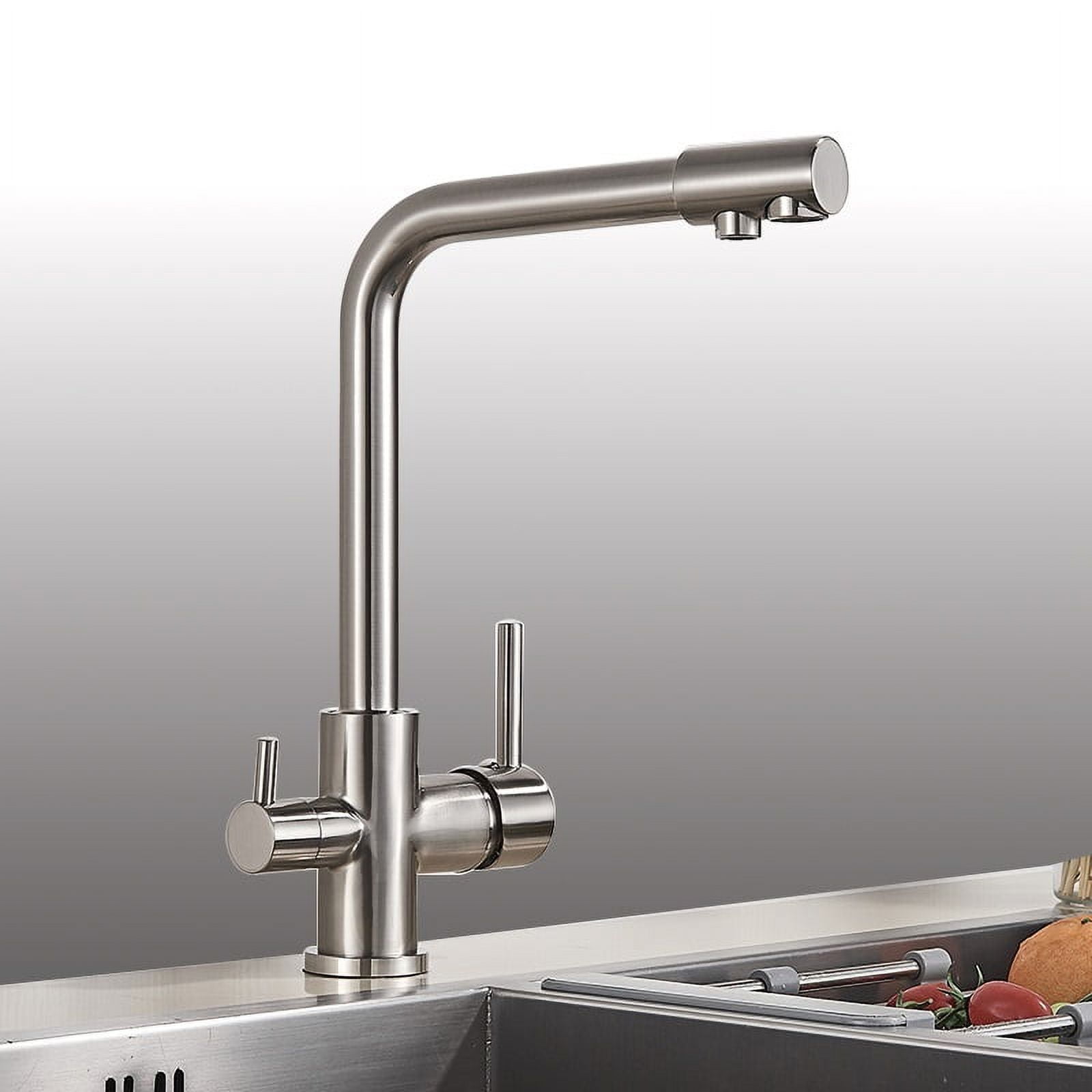 Brushed Nickel Filter Kitchen Faucet, Drinking Water Kitchen Tap, Deck Mounted Dual Handles 3-Way Hot Cold Water Mixer