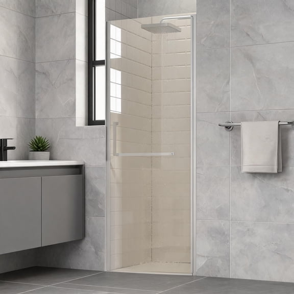 Brushed Nickel Frameless Pivot Swing Shower Door, 1/4 Inch Clear Tempered Glass, 27-28 W x 72 H
