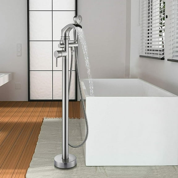 Brushed Nickel Freestanding Bathtub Faucet Floor Mount Bathroom Tub Filler Spout
