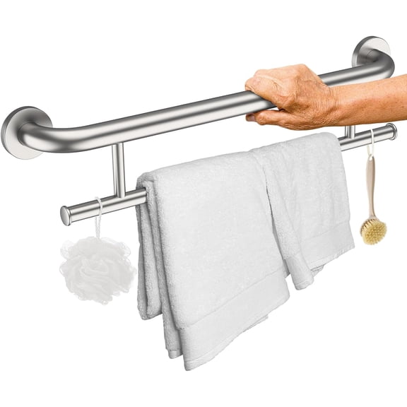 Brushed Nickel Grab Bar 24 Inch w/Towel Holder, Stainless Steel Towel Rack Shower Support Balanced Support Handle, Wall Mount Safety Handrail Grab Rail for Elderly Senior Handicap Disabled