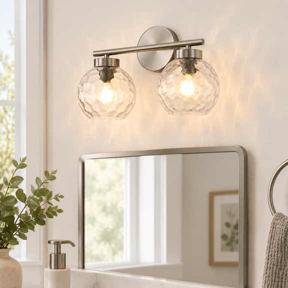 Brushed Nickel & Hammered Glass 2-Light Bathroom Vanity Wall Light Fixture