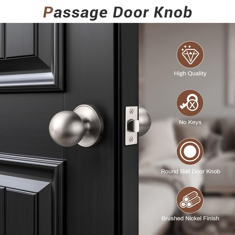 Brushed Nickel Interior Door Knobs, Keyless Door Handles with No Lock