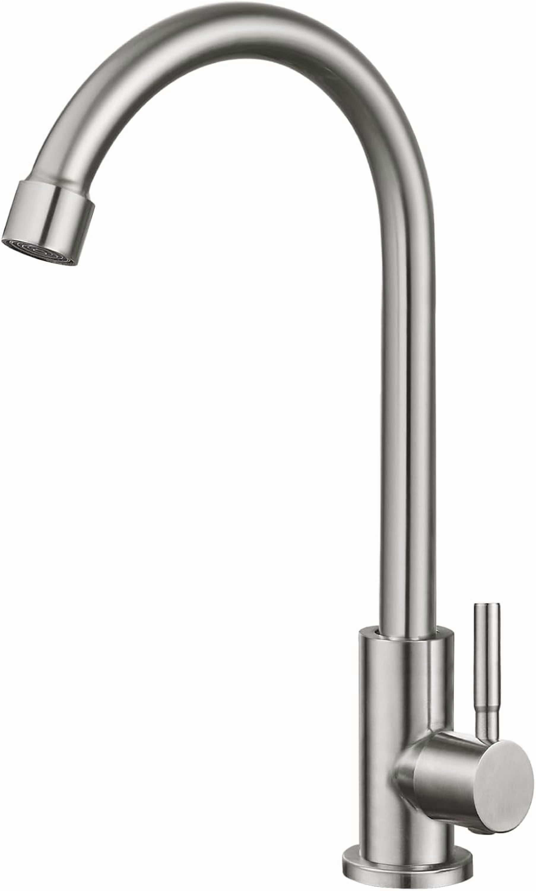 Brushed Nickel Kitchen Faucet Cold Water Only 1 Hole Single Handle 360 Degree Swivel Spout Deck Mount High Arc SUS304 Sink Bar Tap Goose Neck with Hose and Longer Thread Pipe