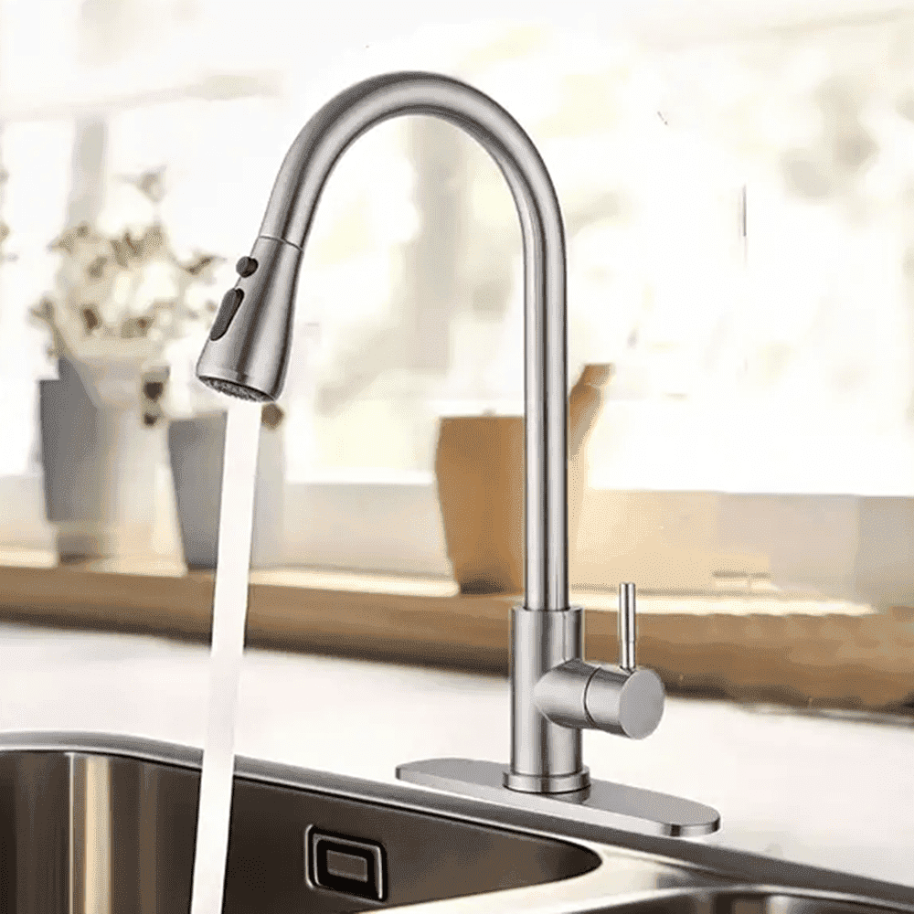Brushed Nickel Kitchen Faucet with Pull-Down Spray Single Handle High Arc Commercial Stainless Steel Brushed Nickel Kitchen Sink Faucet with Deck Plate