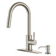 Brushed Nickel Kitchen Faucet with Soap Dispenser, High Arc Modern RV Kitchen Faucet with Pull Down Sprayer and Deck Plate Stainless Steel 1 or 3 Hole for Bar Farmhouse Laundry