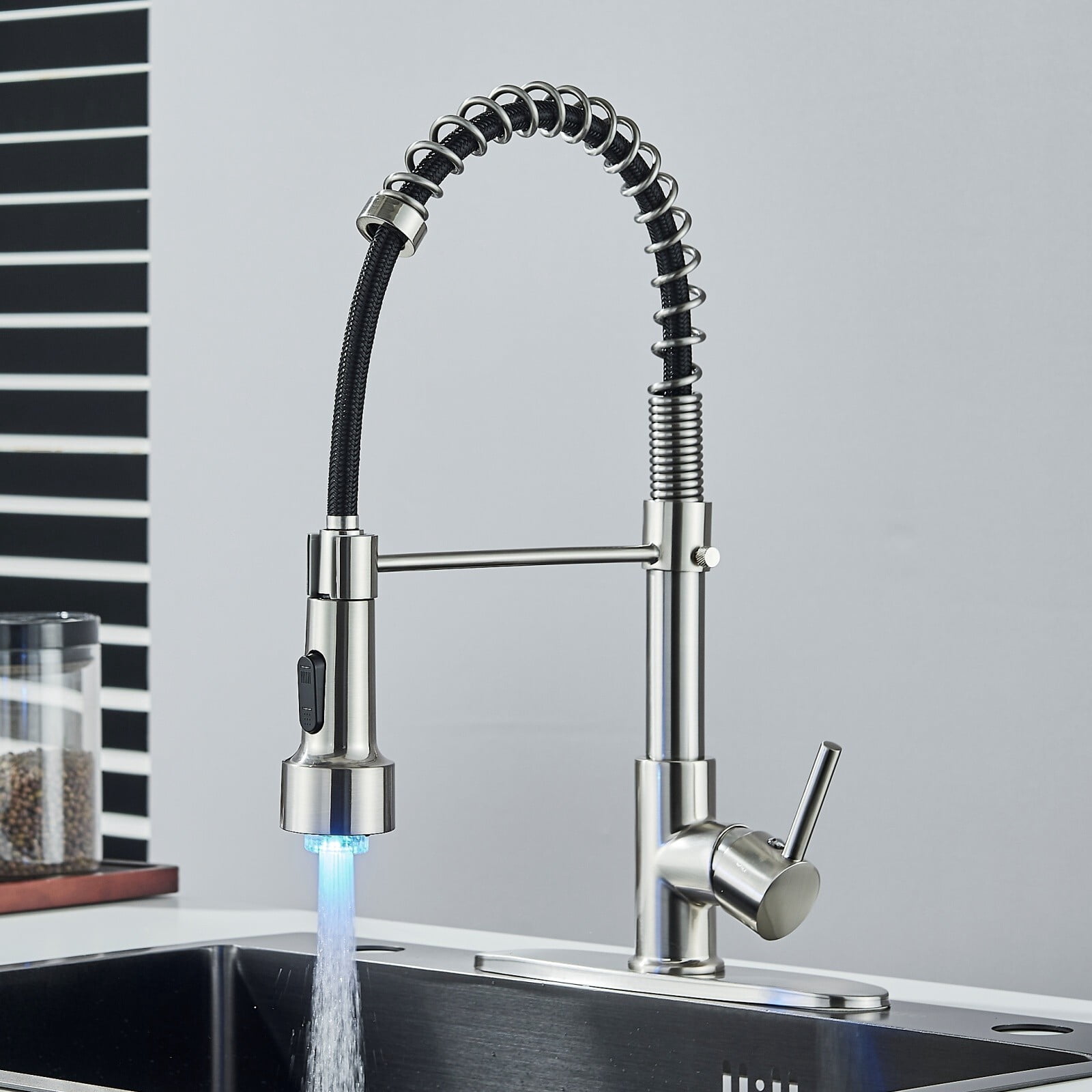 Brushed Nickel Kitchen Faucet with Led Light Single Handle Sink Tap ...