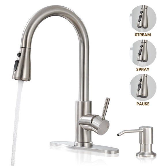 Brushed Nickel Kitchen Faucet with Pull Down Sprayer, 3 Modes, 360° Swivel, 1 or 3 Hole,Single Handle, Suitable for Farmhouse Camper Laundry Rv Bar