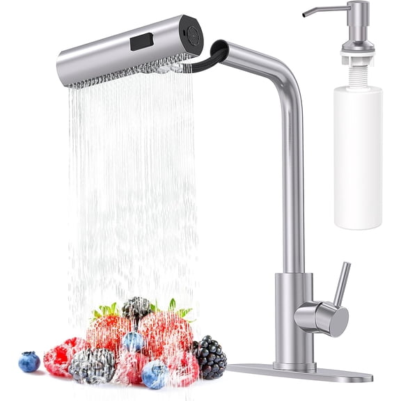 Brushed Nickel Kitchen Faucets with Pull Down Sprayer & Soap Dispenser, Single Hole & Handle, Pull Out Tap, Waterfall Stainless Steel Sink Faucet for Farmhouse Camper Laundry Rv Bar
