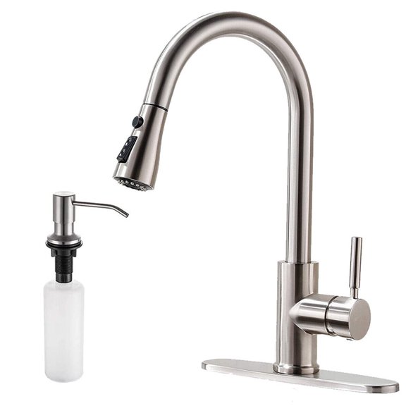 Brushed Nickel Kitchen Sink Faucet Pull Down Sprayer with Cover&Soap Dispenser