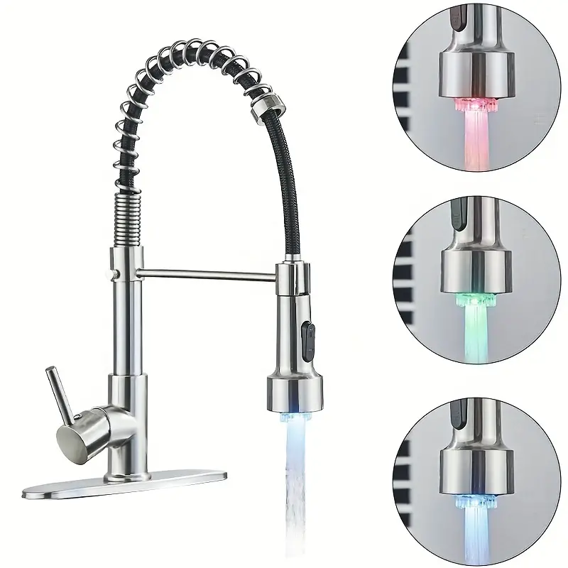 Brushed Nickel LED Kitchen Faucet Pull Down Sprayer Single Handle Swivel Sink Mixer Faucet