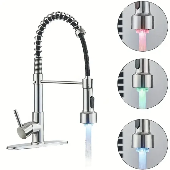 Brushed Nickel LED Kitchen Faucet Pull Down Sprayer Single Handle Swivel Sink Mixer Faucet
