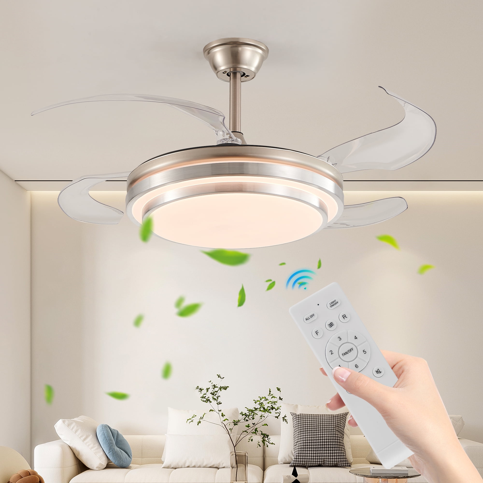 Brushed Nickel Lighted retractable ceiling fan, remote control ceiling fan, equipped with 6 wind speeds and invisible blades, suitable for kitchens and dining rooms. 3 Tier design, 42inches.