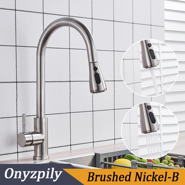 Brushed Nickel Mixer Faucet Single Hole Pull Out Spout Kitchen Sink