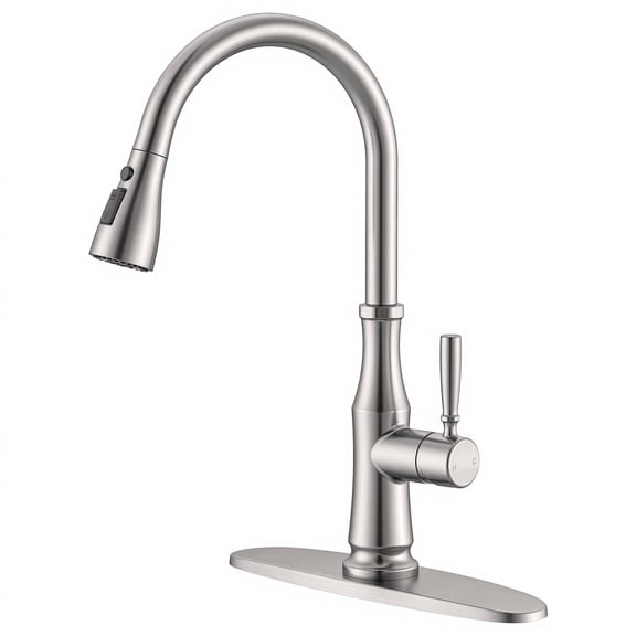 Brushed Nickel Pull-Down Kitchen Faucet with 3 Modes Sprayer– High Arc Single-Handle Stainless Steel Faucet for 1 or 3-Hole Installation, Includes Deck Plate, for Kitchen, RV, Laundry & Bar Sinks