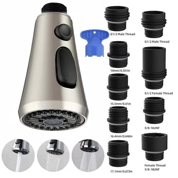 Brushed Nickel Pull Down Kitchen Faucet Spray Head Replacement Chrome 3 Function Stream Spray Aquablade Nozzle with 9 Adapters Universal Fit for Moen Delta Kohler Grohe Hansgrohe Faucets
