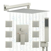 Brushed Nickel Rain Shower System with 6 Body Shower Jets, Shower Jets System with Wall Mount 12'' Rain Shower with Hand Shower Full Body Shower Faucet with Jets