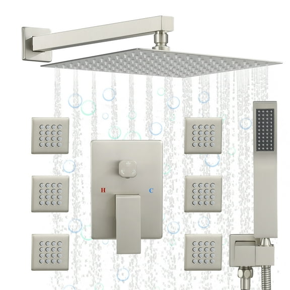 Brushed Nickel Rain Shower System with 6 Body Shower Jets, Shower Jets System with Wall Mount 12'' Rain Shower with Hand Shower Full Body Shower Faucet with Jets