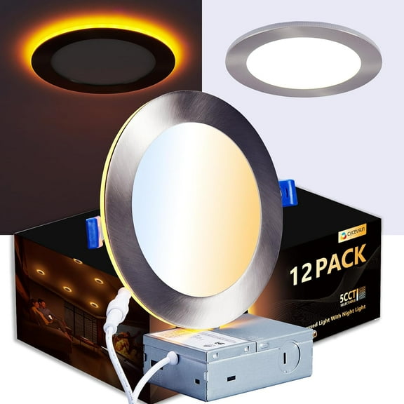Brushed Nickel Recessed Lighting 6 Inch with Night Light (12 Pack), Canless Ultra Thin Wafer Downlight Outdoor Exterior Soffit Light, Dimmable & 5CCT Selectable, 12W, ETL & Energy Star