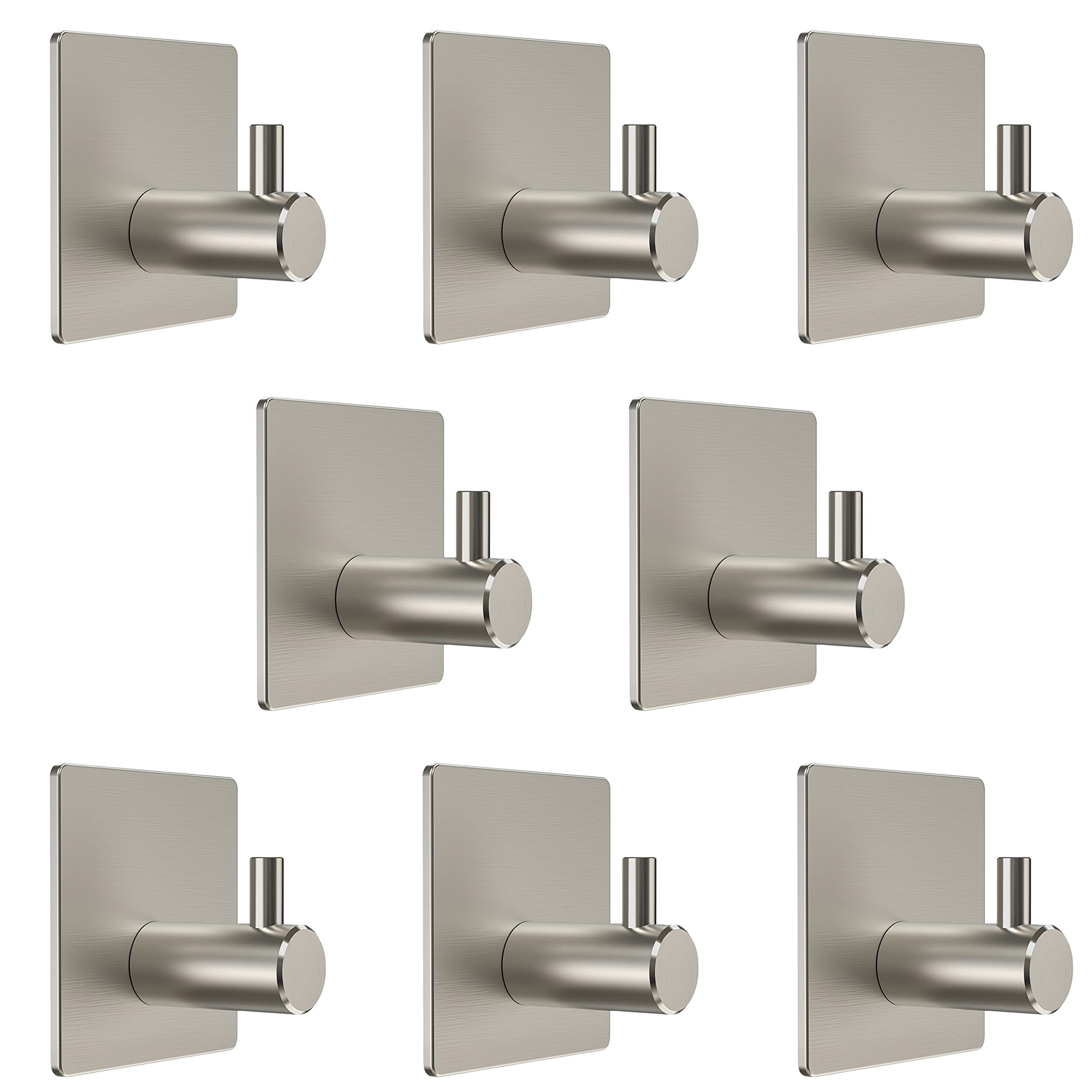 8-Pack Adhesive Hooks, Brushed Nickel - Rectangular Self-Stick Towel Hooks For Bathroom, Door, Wall, No Drilling Needed