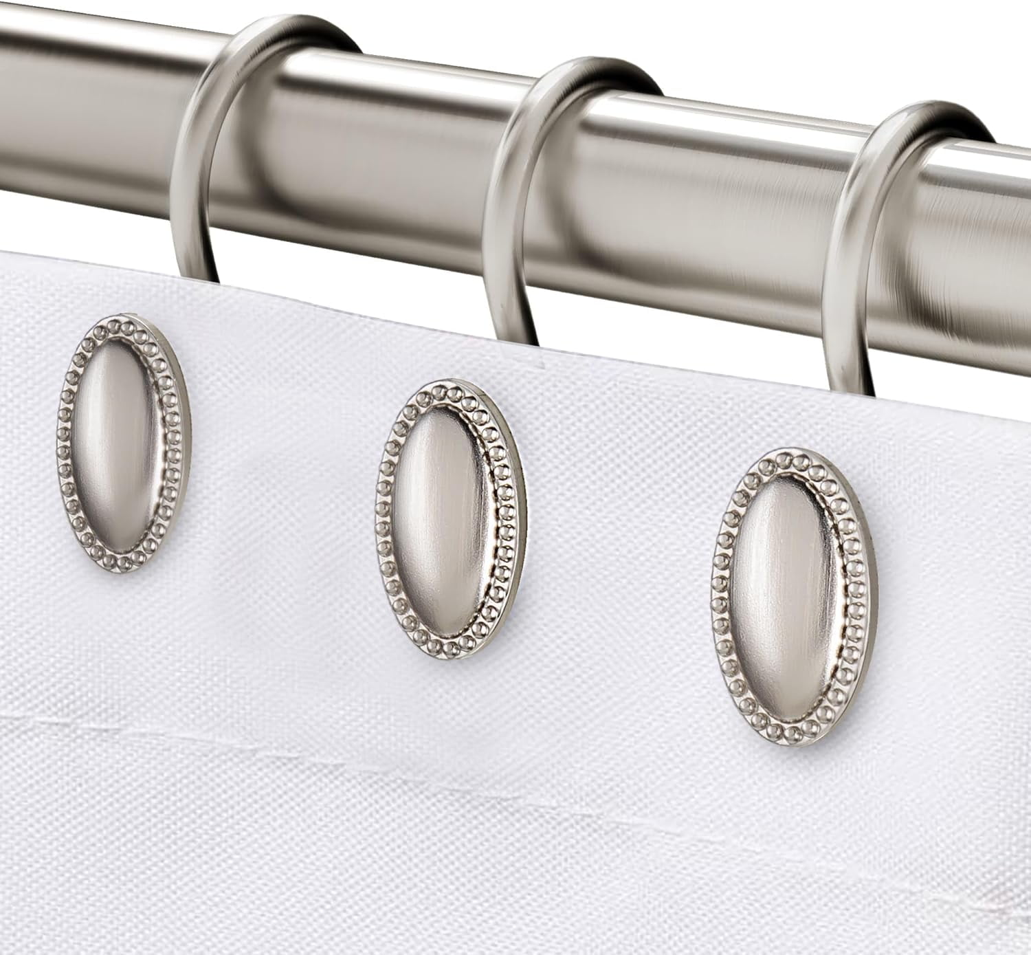 Brushed Nickel Shower Curtain Hooks Decorative Rings Rust Resistant Metal Hooks for Bathroom Proof Hangers Rod Set of 12
