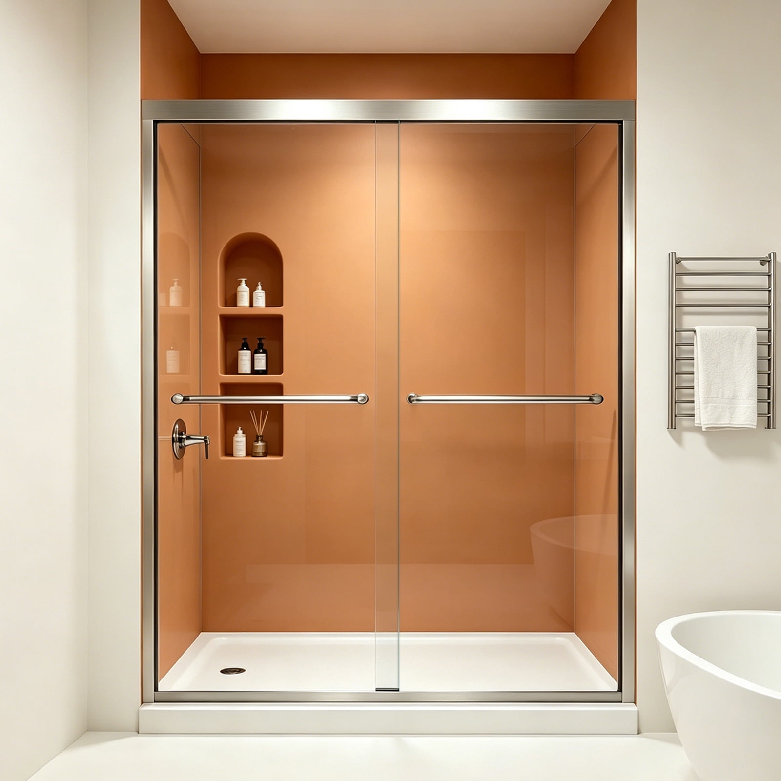 Brushed Nickel Shower Door Double Sliding 44-48 in. W x 72 in. H Semi-Frameless Bypasss Bathroom Glass Shower Sliding Doors,1/4 inch Clear Tempered Glass Door for Walk-in Shower