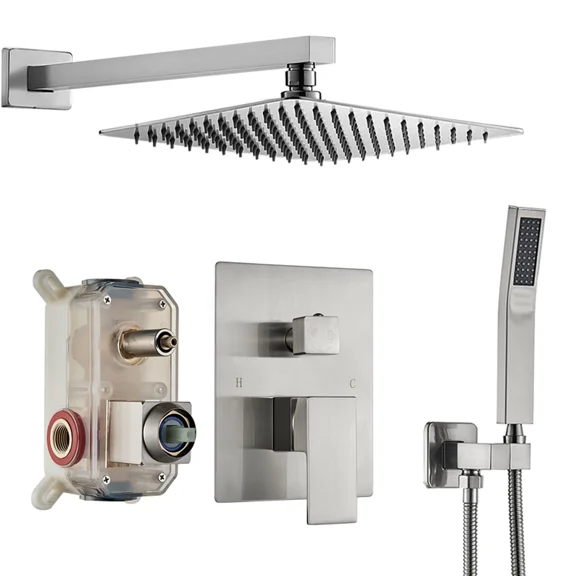 Brushed Nickel Shower Faucet Set 12'' Rainfall Shower Head Combo Kit Mixer Valve