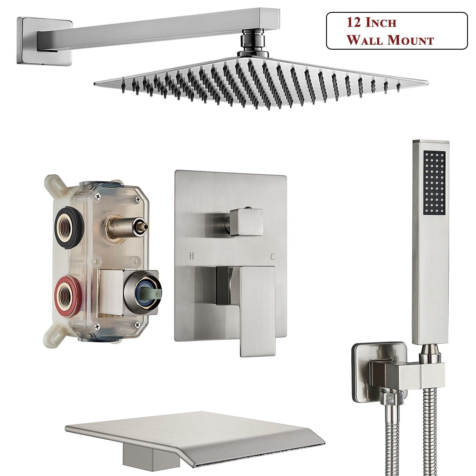 Brushed Nickel Shower Faucet Set System 12" Rainfall Head Combo Kit Mixer Valve Wall Mount Tap