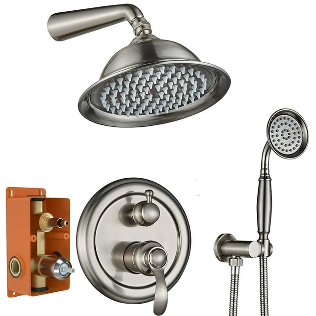 Brushed Nickel Shower Faucet Set System Wall Mount Rain Shower Head Combo with Mixer Valve Kit