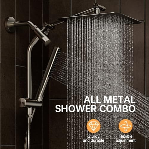 Brushed Nickel Shower Head, 10'' All Metal Rain Shower Heads with Handheld Spray Combo, Hand Held Bathroom Combo with Extension Arm, Dual shower with Power Wash, Adjustable Rainfall Showerhead