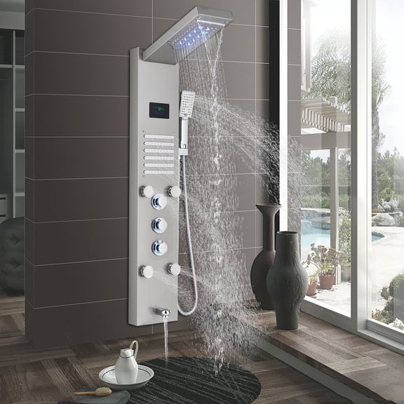Brushed Nickel Shower Panel Tower System Rain&Waterfall LED Knob W/Hand Shower