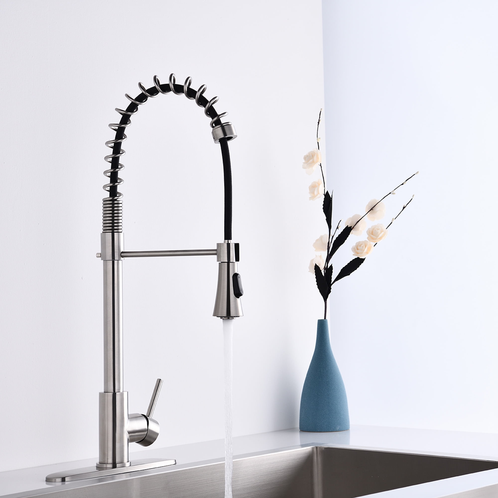 Brushed Nickel Single Handle Commercial Modern Spring High Arc Kitchen Faucet Water Filter System Bends as You Want