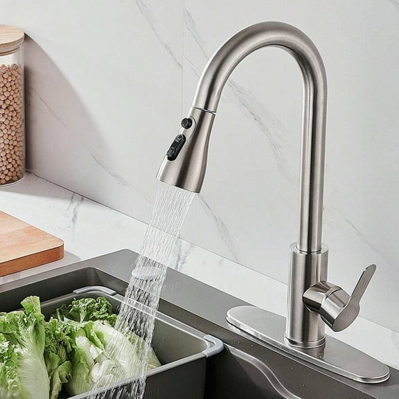 Brushed Nickel Single-Handle High-Arc Pull-Out Kitchen Faucet - Single-Layer Stainless Steel with Pull-Down Sprayer, Suitable for Kitchen & Bathroom