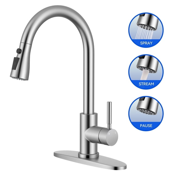 Brushed Nickel Single Handle Pull Down Kitchen Faucet - High Arc Stainless Steel Faucet with 3-Way Sprayer for Kitchen/Laundry/RV/Bar