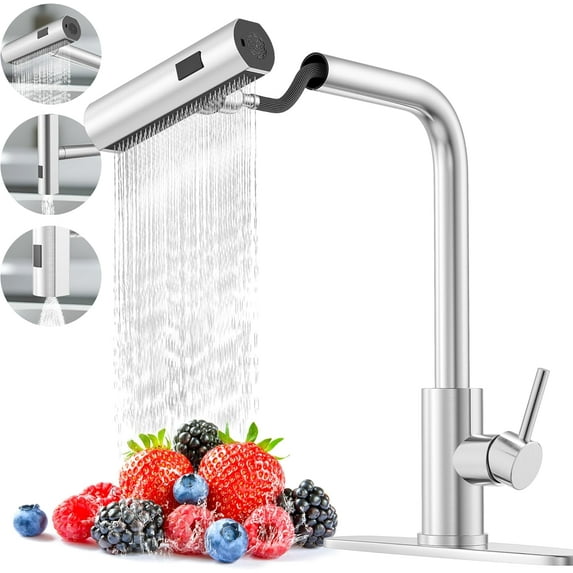 Brushed Nickel Single Hole Kitchen Sink Faucet with Pull Down Sprayer, High Flow Water, Pull Out Tap, Stainless Steel Tall Kitchen Faucet, Touch On for Effortless Control and Durability