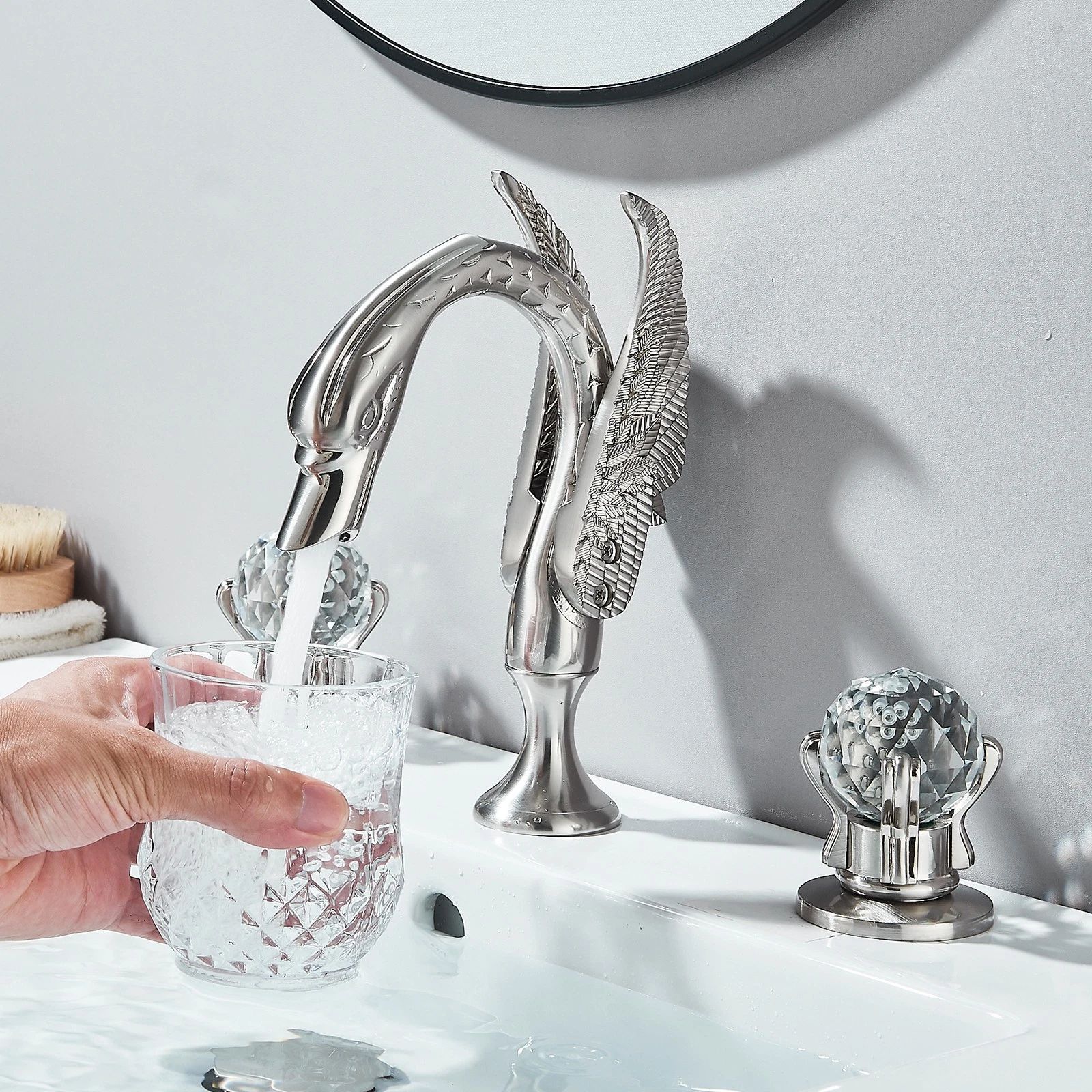 Brushed Nickel Swan Bathroom Sink Faucet 3Holes 2Handle Vanity Basin Mixer Taps