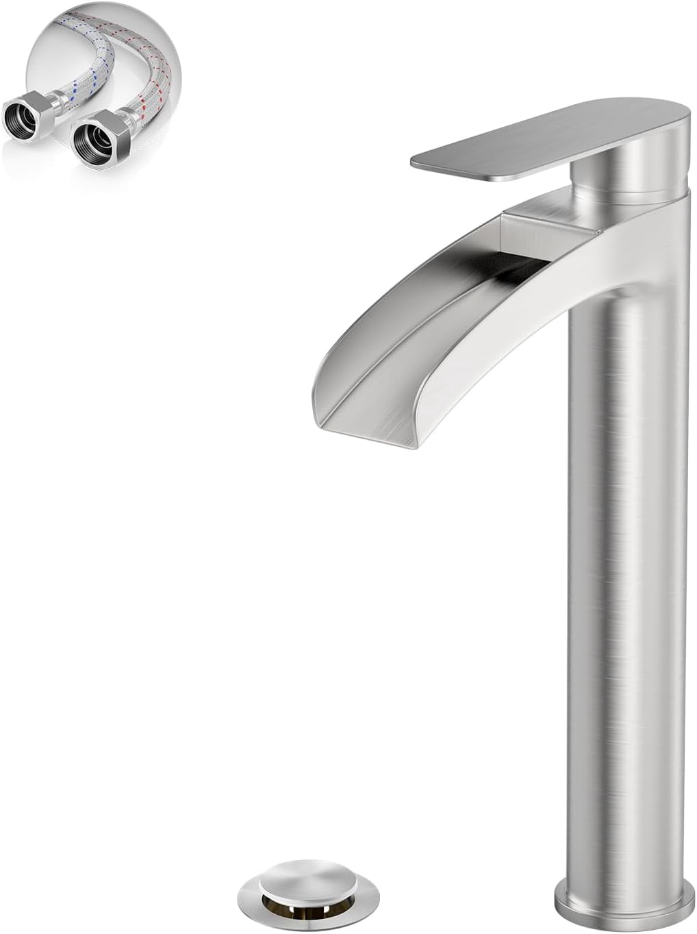 Brushed Nickel Tall Bathroom Vessel Sink Faucet, Single Hole Single Handle Waterfall Modern Bathroom Faucet, with Pop Up Drain and Water Supply Line