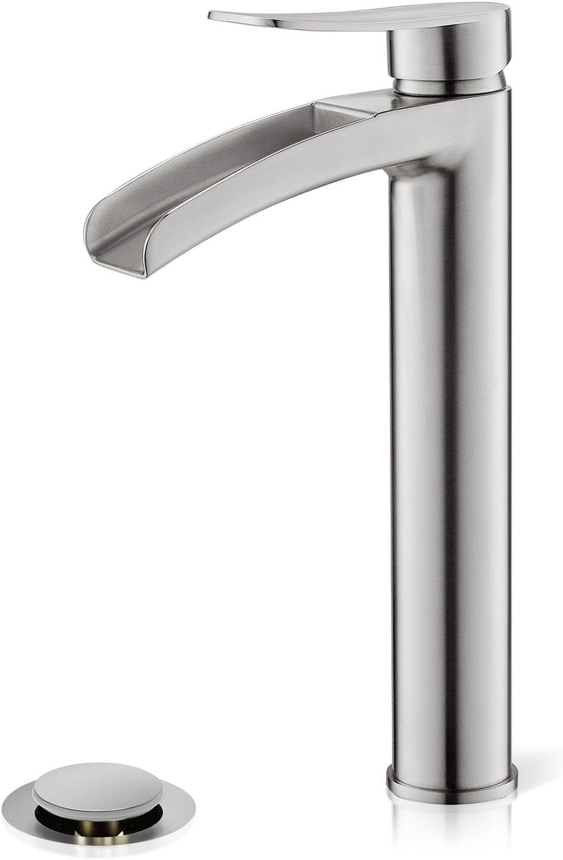 Brushed Nickel Tall Bathroom Vessel Sink Faucet, Single Hole Single Handle Waterfall Modern Bathroom Faucet, with Pop Up Drain and Water Supply Line, NS-SF01-BN-V