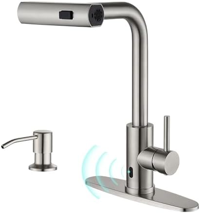 Brushed Nickel Touchless Kitchen Faucets with Pull Down Sprayer & Soap ...