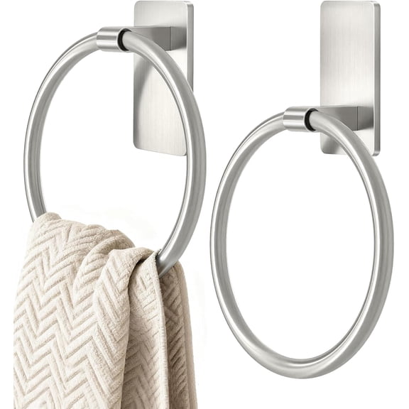 Brushed Nickel Towel Ring, Self Adhesive Hand Towel Holder for Bathroom and RV, No Drill Mount, Rust Resistant, 2 Pack
