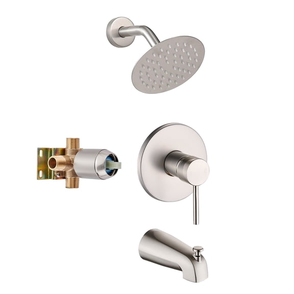 Brushed Nickel Tub Shower Faucet Set Complete with 6-inch Rainfall Shower Head and Tub Spout Included Valve & Trim Kit Round