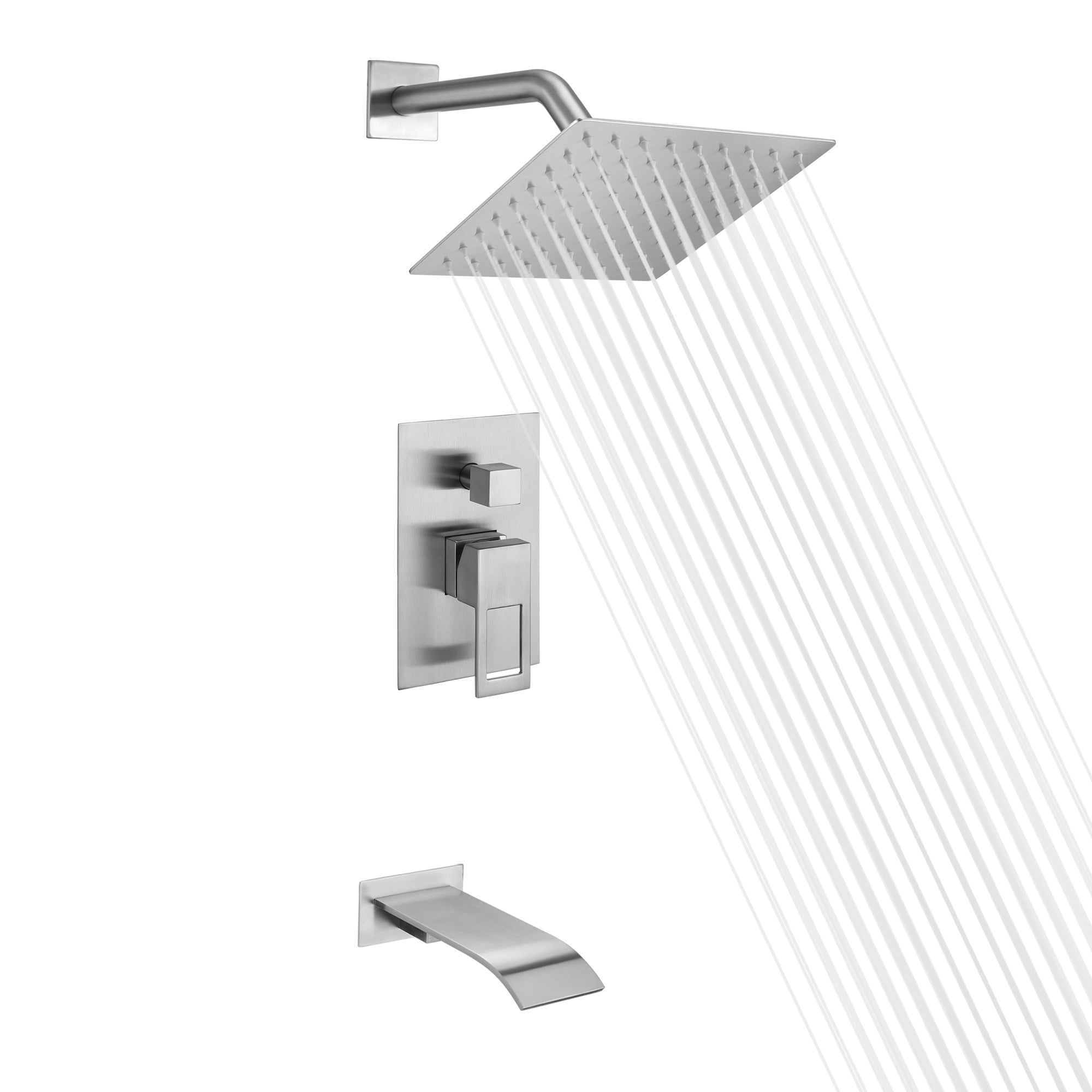 Brushed Nickel Square Rain Shower Head and Tub Faucet Set
