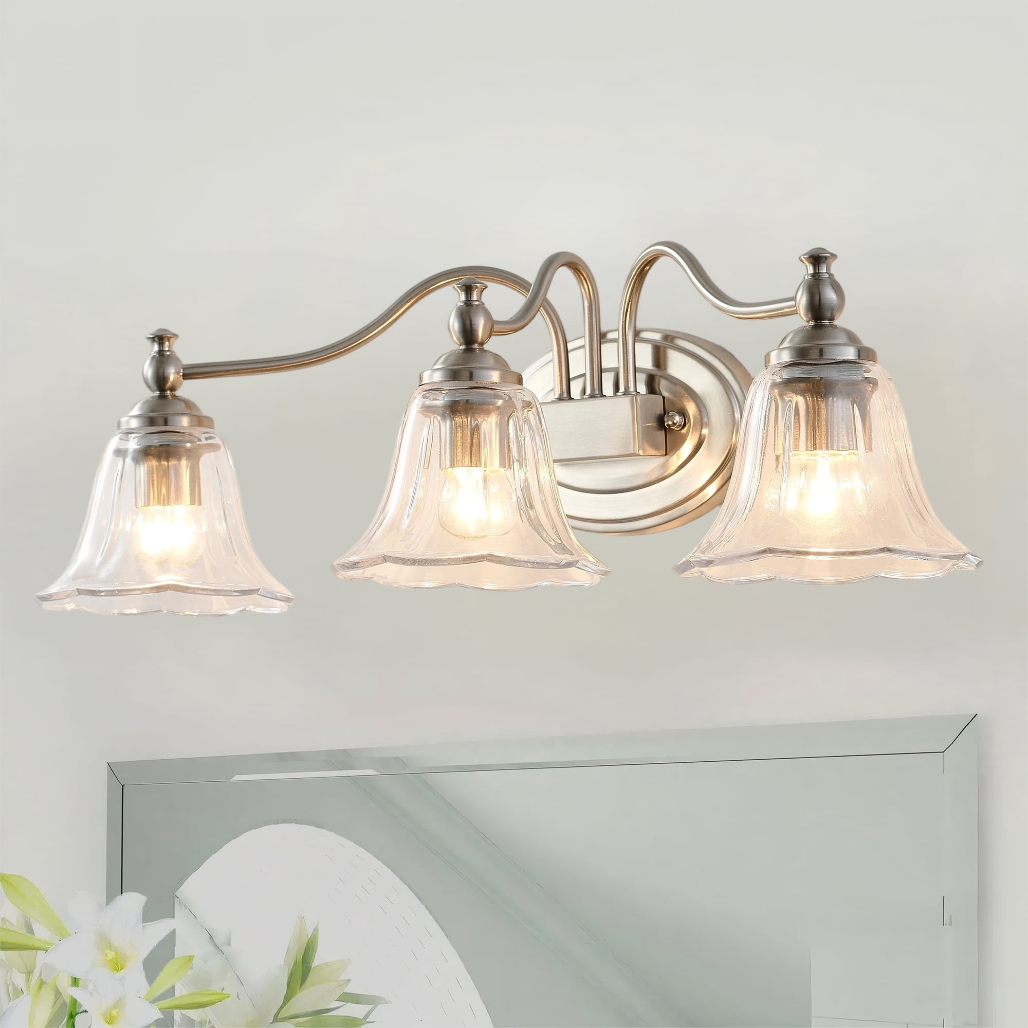 Brushed Nickel Vintage 3-Light Vanity Light, Bathroom Mirror Light with Floral Glass Shades, Farmhouse Wall Sconce for Bedroom