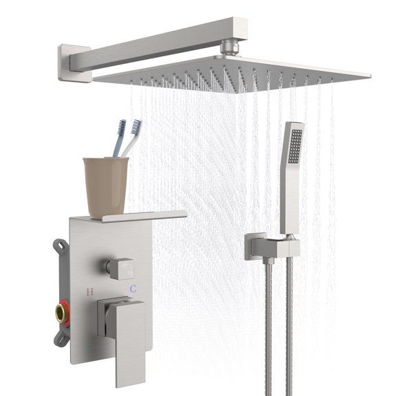 Brushed Nickel Wall Mount 10 Inch Rain Shower System with Built-In Storage Rack, SUS304 Stainless Steel Concealed Mixer Shower Combo with Handheld Sprayer