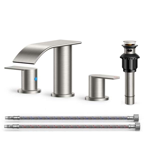 TVOFEK 8 inch Waterfall Bathroom Faucet 3 Hole, Brushed Nickel Widespread Bathroom Water Faucets with Metal Pop-up Drain and Supply Lines for Vanity Farmhouse